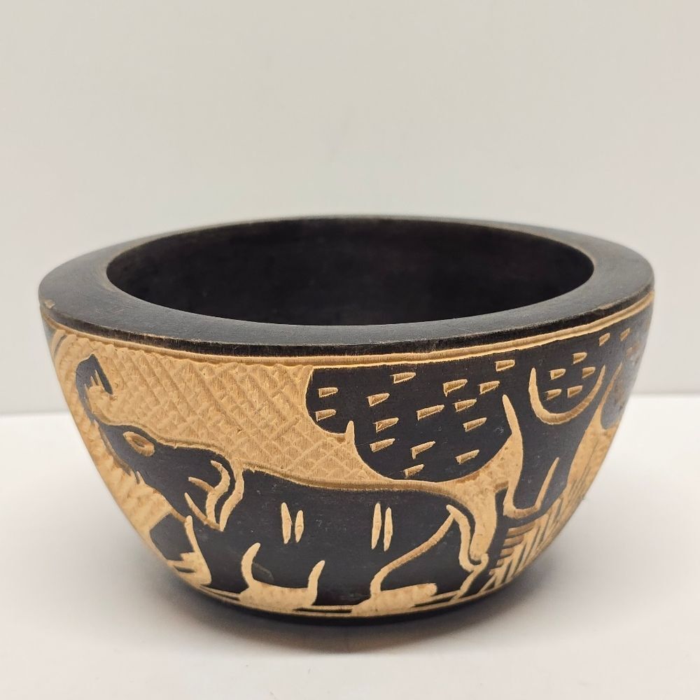 African Hand Carved Black Wooden Decorative Bowl Elephant Heron